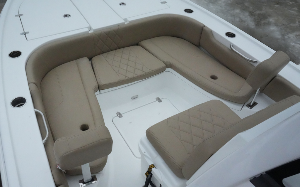 Blazer Bay 2440 C-shape front lounge as seen from the gunnel of the boat.