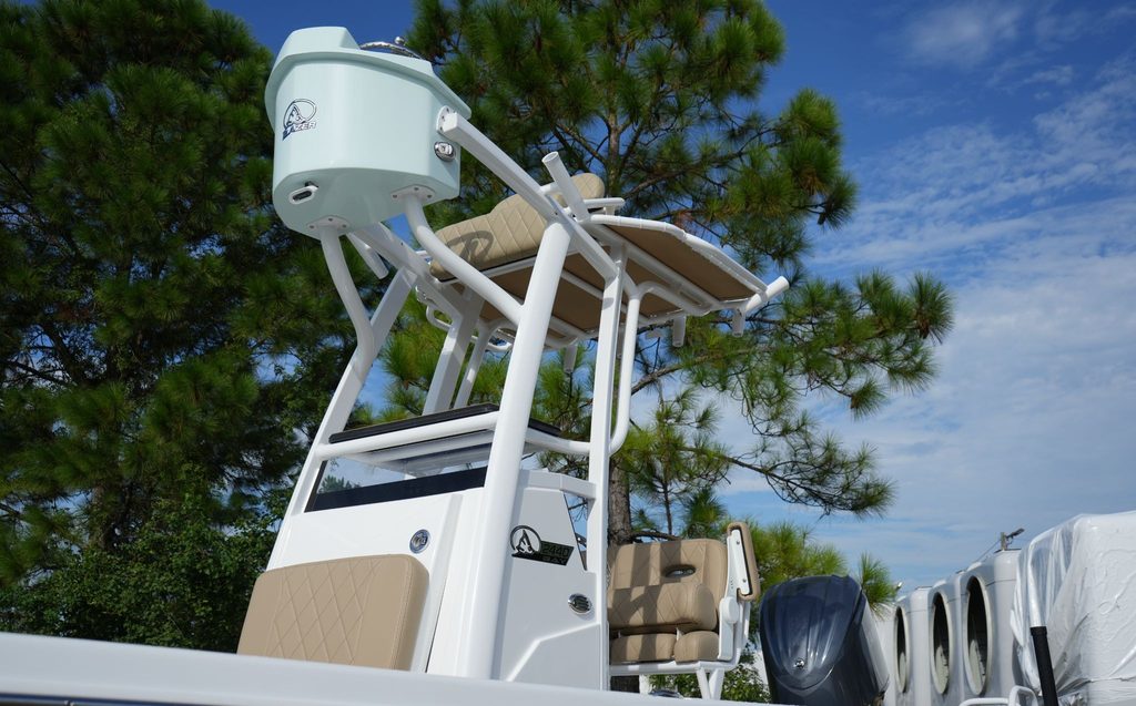 A Blazer Bay 2440 with a half tower second station. The image is focused on the half tower and has trees in the background.